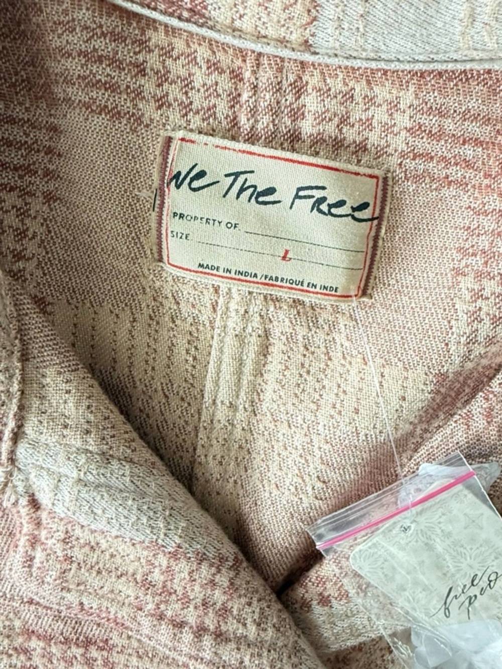 Free People Shirt Women L Beige Pink Plaid Button Up Long Sleeve - Picture 5 of 10